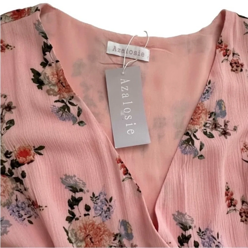 Azalosie Pink Peach Floral Shor Dress SIZE M
Sleeve Wrap High Low Maxi - Picture 5 of 10